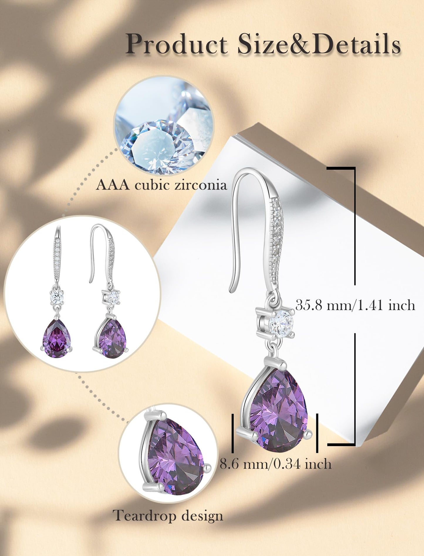 PYNZY Teardrop Dangle Drop Earrings 925 Sterling Silver Earrings with 7x10MM Created Amethyst Birthstones, Dangle Earring for Women Jewelry Gifts