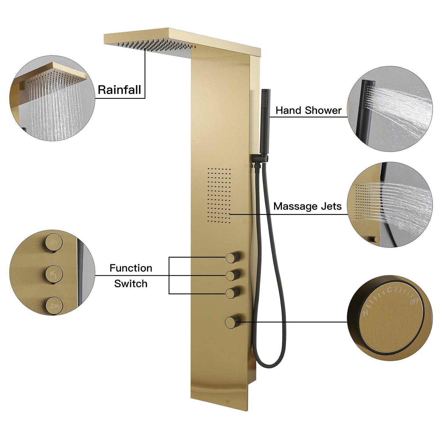 BWE 3 IN 1 Shower Panel Stainless Steel Shower Panel Tower System Rainfall Shower Head with Handheld Shower and Rain Massage Body Jets Wall Mount Shower System,Brushed Gold