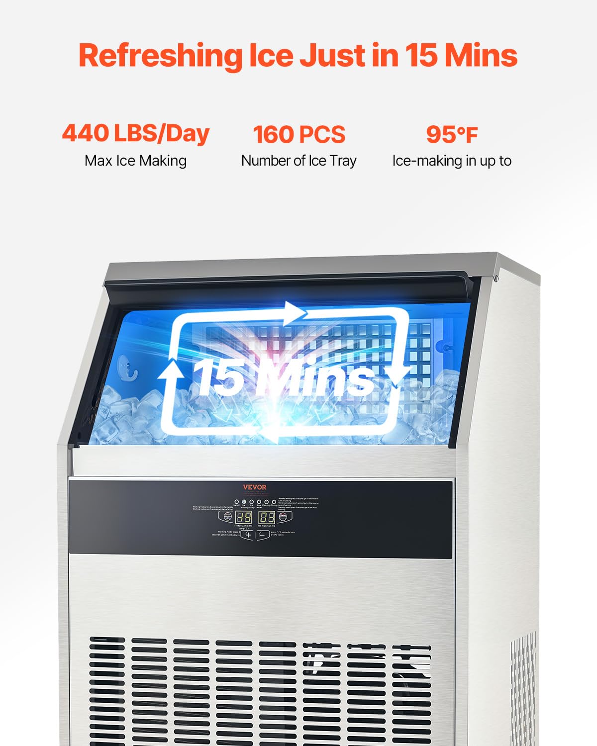 VEVOR 440lbs/24H Commercial Ice Maker, 160 Ice Cubes in 15 Minutes, Freestanding Ice Maker Machine with 88lbs Large Storage Capacity for Bar Office Restaurant, with LED Digital Display & Self-Cleaning