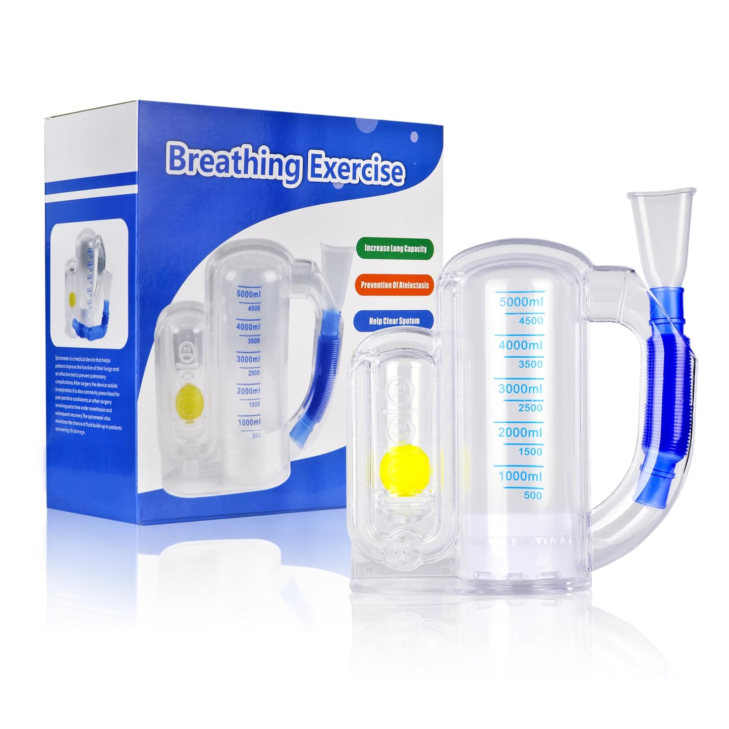 Incentive Spirometer,Adult Lung Trainer,Breathing Trainer - 5000ML Inhale Volume Measurement, Equipped with Ball Flow Rate Indicator & Scale Indicator