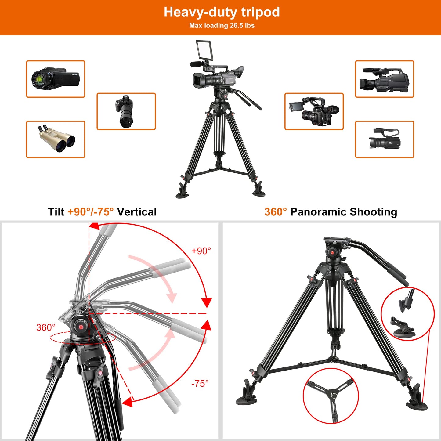 MagicLine 65.7" Aluminum Video Tripod,Heavy Duty Camera Tripod Stand with 2 Handles & 360°Fluid Head & Adjustable Metal Middle Spreader,2 QR Plates for DSLR Camcorder Cameras(Max Load 26.5 lb)