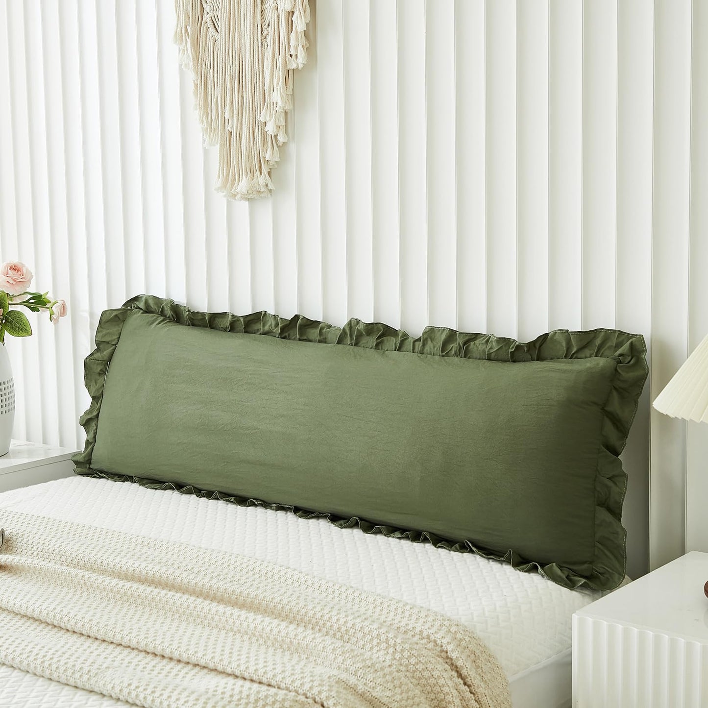 Shabby Chic Olive Green Body Pillow Cover - 20x54in Long Pillowcase with Ruffled Fringe Decor