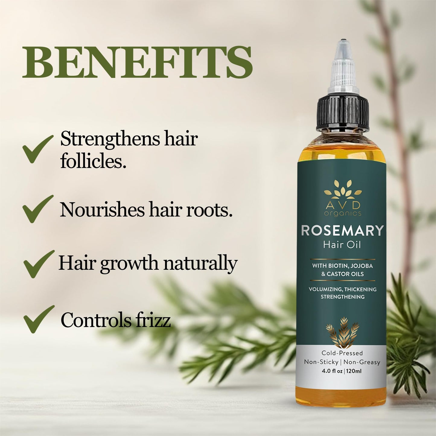 AVD ORGANICS Pure Rosemary Oil for Hair Growth (4.05 fl oz) Infused with Biotin Jojoba & castor Oil | Hair strengthening Treatment | Nourishing & Volumizing– Strengthening, | Non-GMO verified
