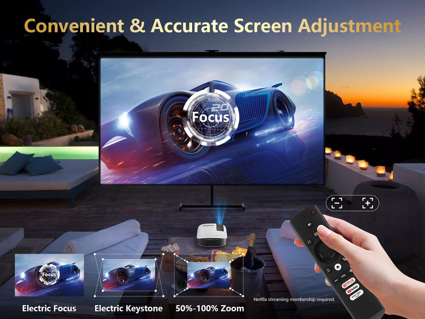 GooDee 4K Smart Projector with 5G WiFi and Bluetooth, Built-in Streaming Apps, Dolby Audio 400" Outdoor Movie Projector for Home Theater, Compatible with TV Stick, iOS, Android