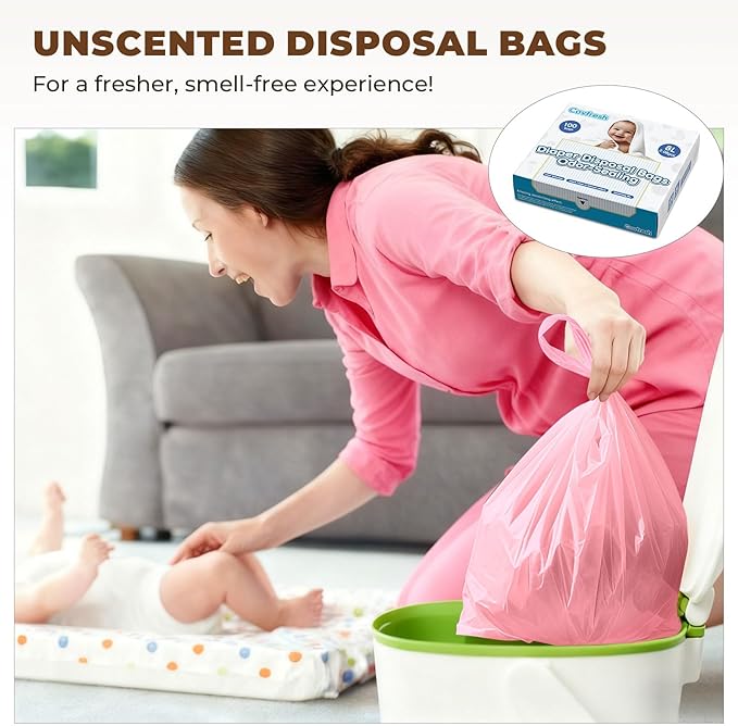 Odor Sealing Disposable Diaper Bags with Tie Handle, 200 count, Large Capacity, Unscented & Durable Diaper Trash Bags for Home & Baby Travel Use (Color:Pink)
