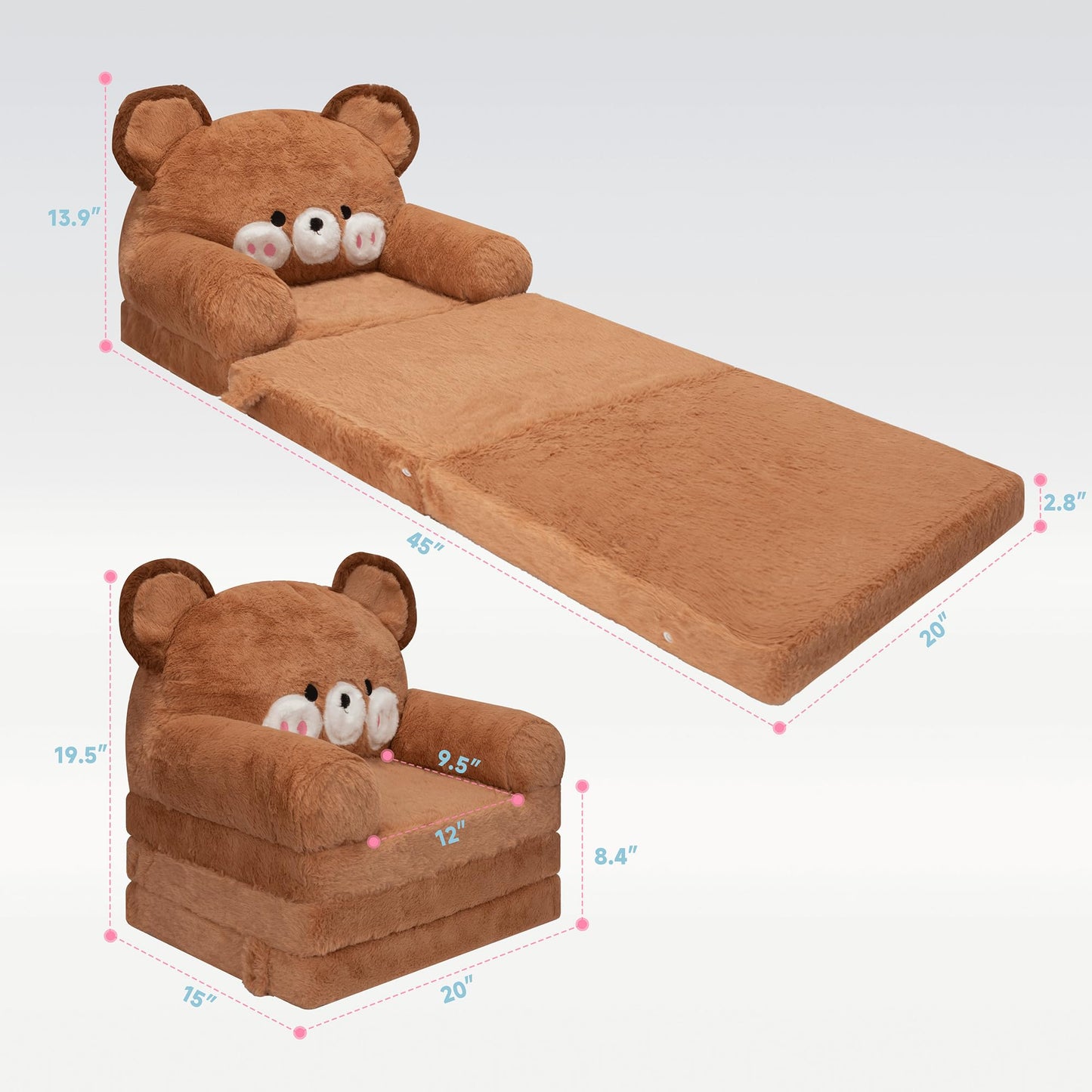 MONKISS Kids Couch, Comfy Toddler Chair, 2 in 1 Fold Out Kids Sofa to Lounger, Baby Sleeper Chair, Toddler Furniture, Birthday Gifts for Boys and Girls, 1~4 Years Old, Bear