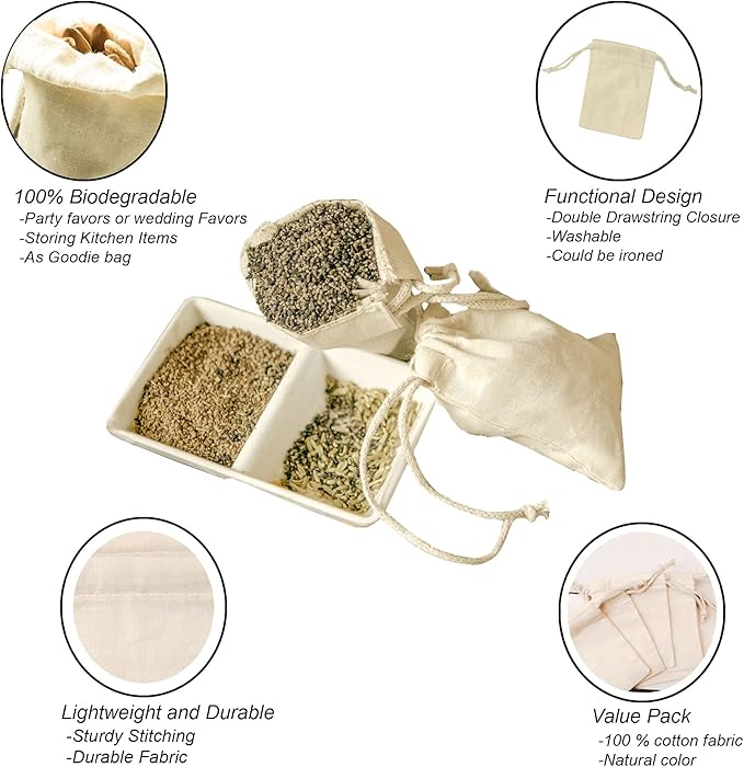 12x16 inches Natural Cotton Double Drawstring Reusable Produce Muslin Bags – Multipurpose Drawstring Storage Pouch for Everyday Use (Pack Of 50)