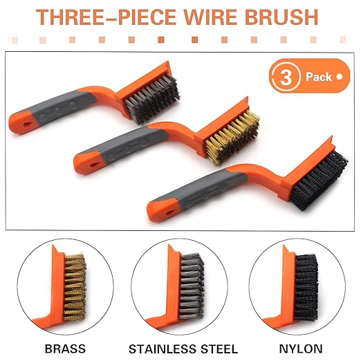 MAXMAN Wire Brush 3Pcs Brass/Stainless Steel/Nylon Wire Brushes for Cleaning Rust Bristle Brush Set with Rubber Curved Handle Grip Used for Dirt, Paint Remover (Orange+ Gray)