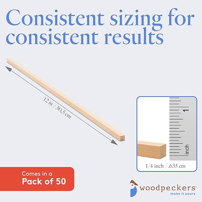 DIY Wooden Square Dowel Rod 1/4-inch x 12 Pack of 50 Hobby Wood Sticks for Crafts, Wood Trim & Architecture Model Making, by Woodpeckers
