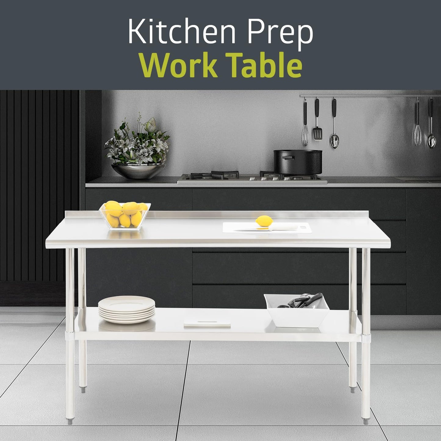 Pearington NSF Certified Stainless Steel Kitchen Prep and Work Table, Commercial Work Table for Restaurant and Home, 60" x 24", Stainless Steel