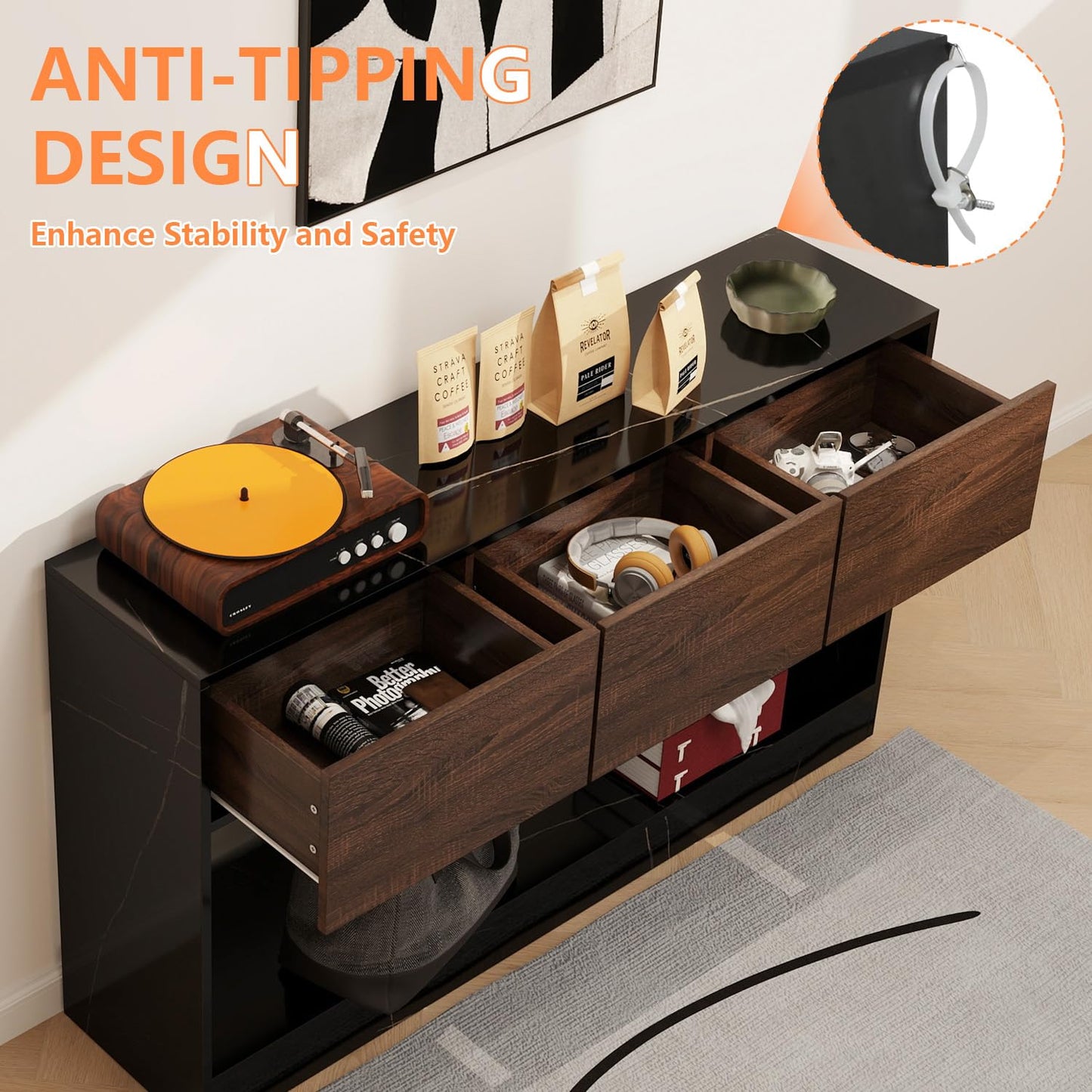 LAZZO 51" Long Console Table 3 Drawers Entryway Sofa Table with Storage and Open Shelf Behind Couch for Living Room, Foyer, Hallway, Entry Black and Office Marble Black and Brown