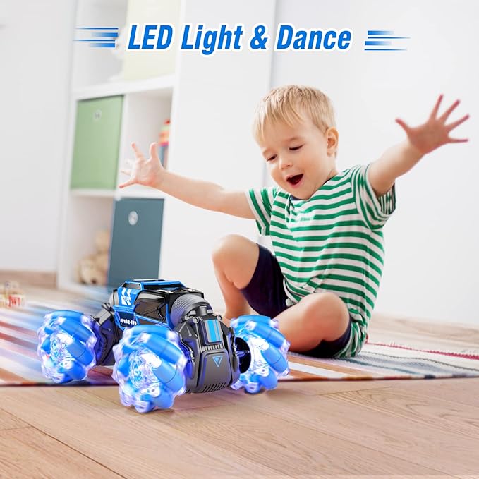 Gesture RC Car, Gesture Sensing RC Stunt Car Toys with Lights & Dance for Kids 6-12 yr, 2.4GHz 4WD Hand Remote Control with Lights Music, Off-Road 360° Rotation Drift for Birthday Toy Gifts-(BLUE)