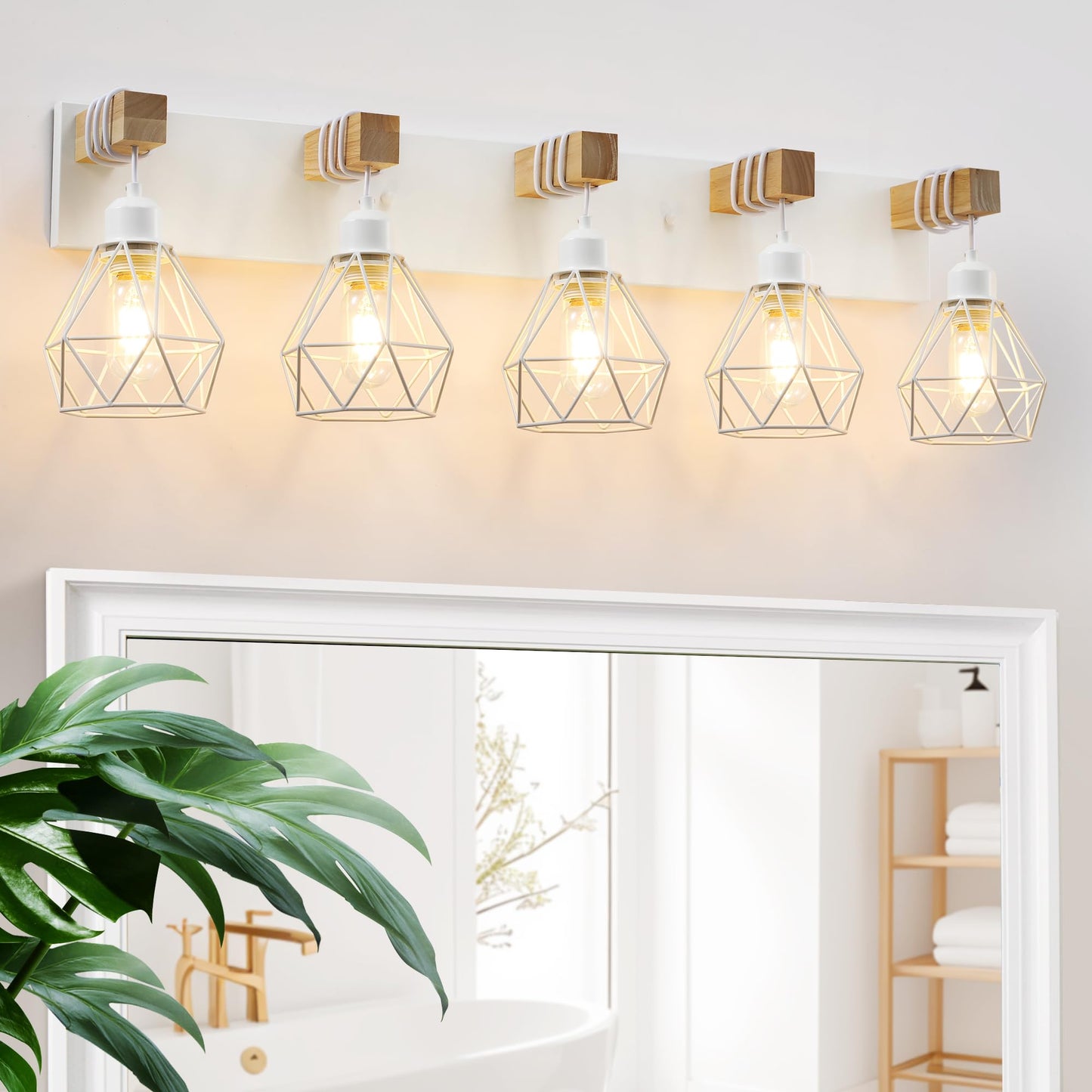 White Bathroom Vanity Light Fixtures, 5-Light Wood Bathroom Light Fixtures Over Mirror, Rustic Sconces Wall Lighting with Elegant Metal Lampshade for Living Room, Bedroom, Hallway