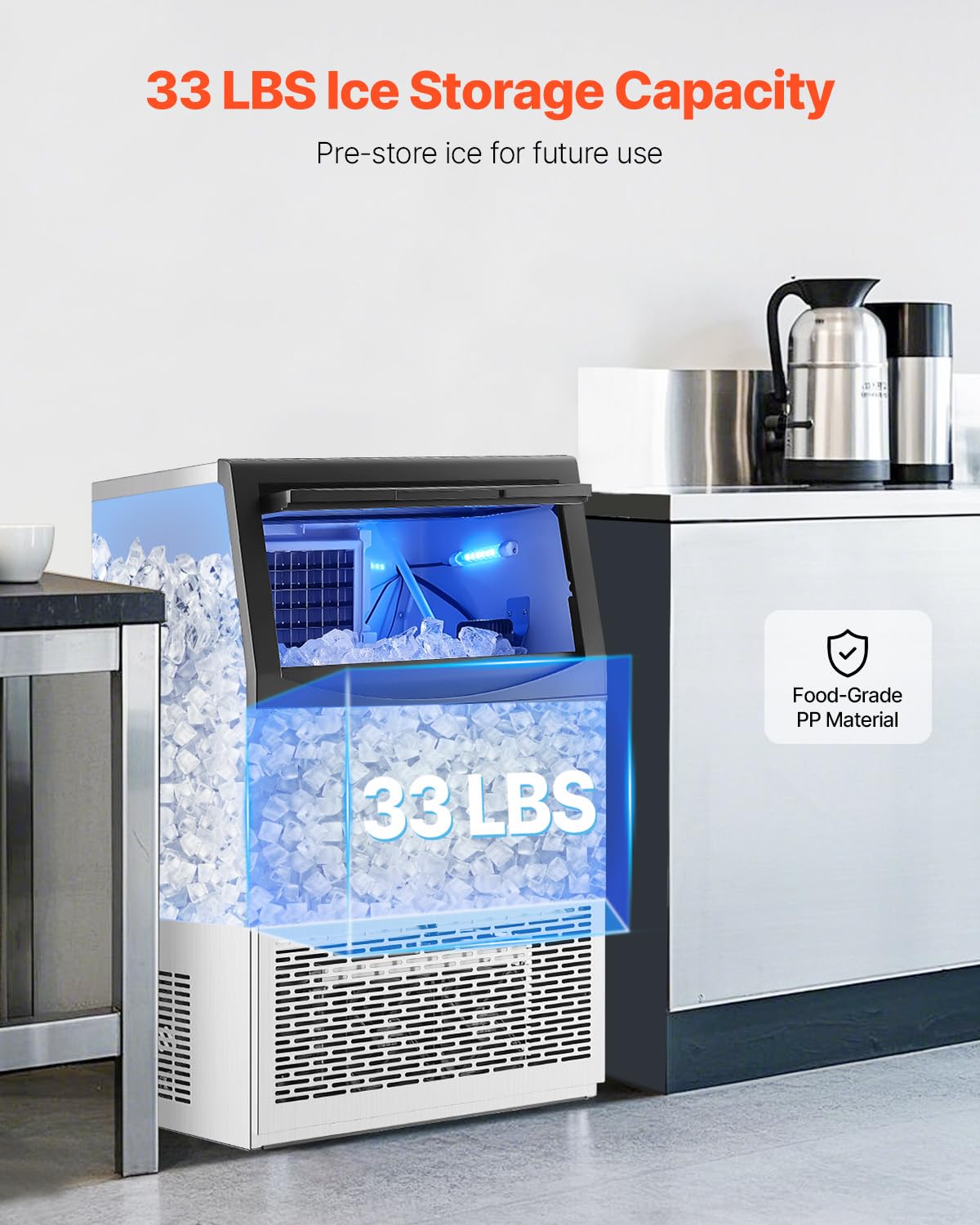 VEVOR Commercial Ice Maker Machine, 90lbs/24H Ice Maker Machine with 33lbs Storage Capacity, 50 Ice Cubes in 15 Minutes, LED Digital Display Freestanding Self-Cleaning for Bar Office Restaurant