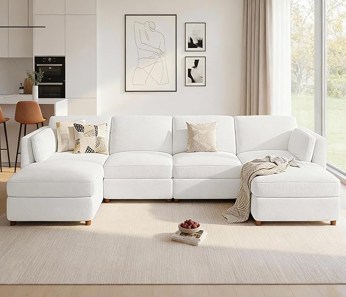 CUGOAO 153.4'' Modular Sectional Sofa, Oversized U-Shaped Sectional Couch with Ottoman, Deep Seat Chenille Cloud Couch, Mordern Upholstered Couches for Living Room, Apartment, Office, Beige