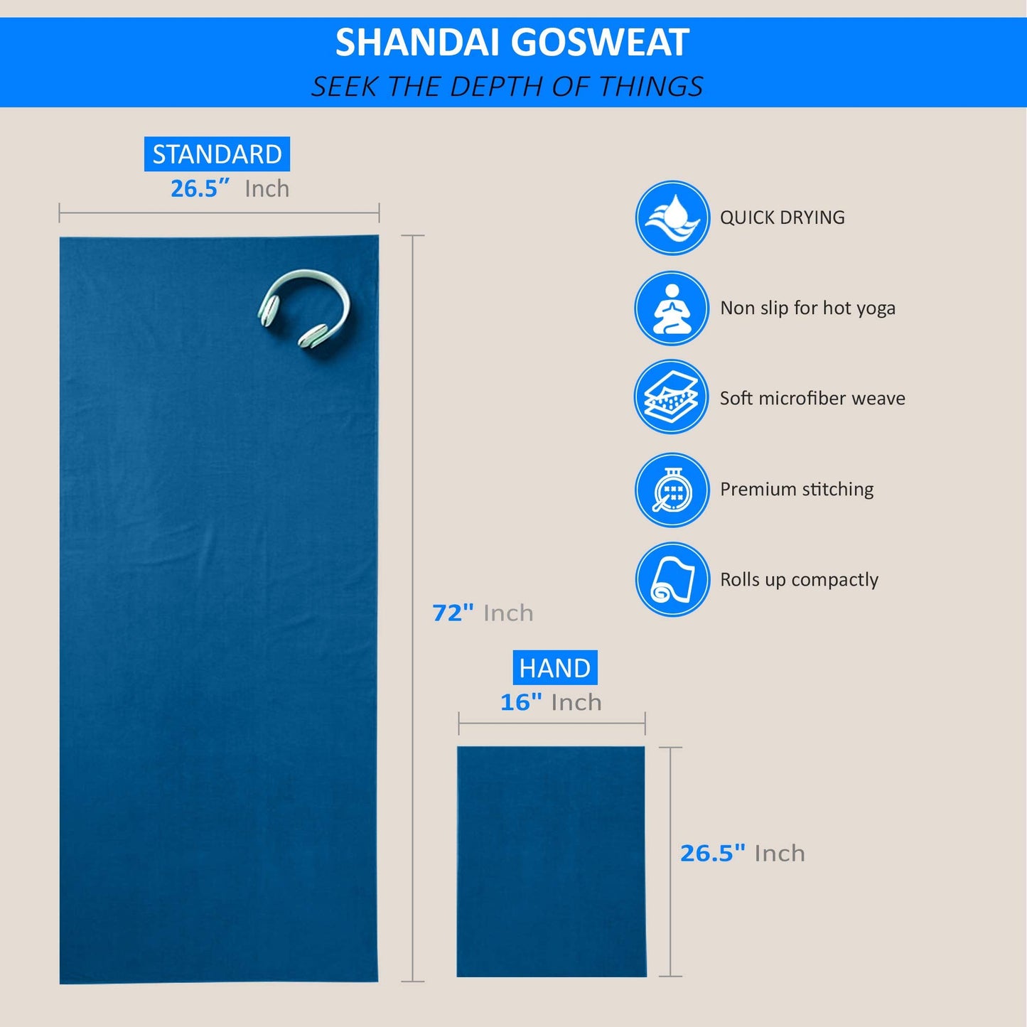 Shandali Gosweat Hot Yoga Towel, Color Evening Blue, Size 26.5 x 72
