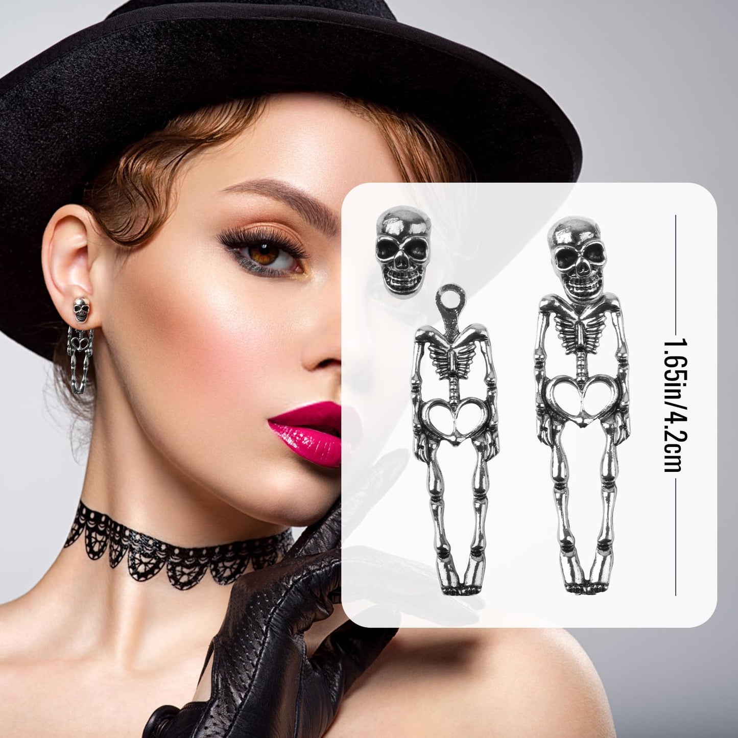 Jaisie.W Halloween Earrings - Silver Skeleton Skull Dangle Earrings (1Pair)