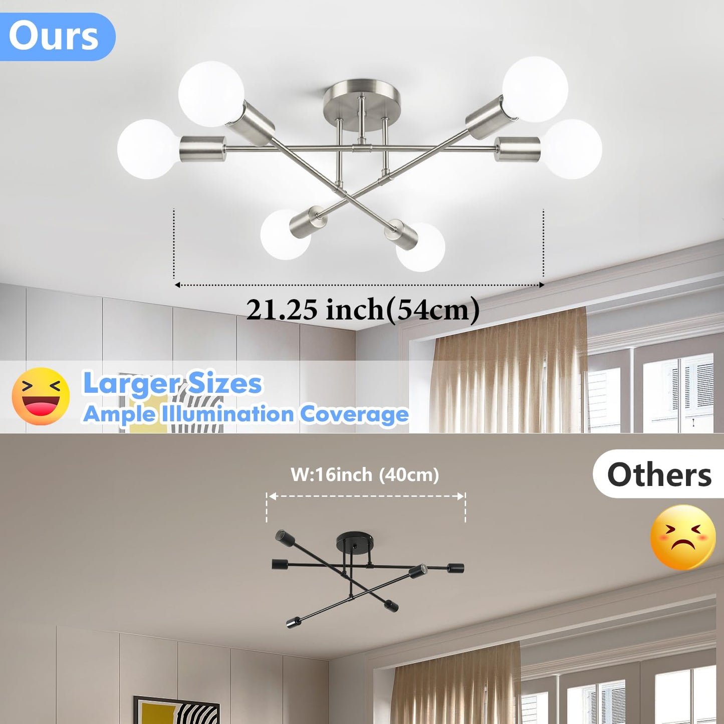 Modern Sputnik Chandelier, 6-Light Ceiling Light Fixture, Bedroom Light Fixture, Sputnik Lights Fixture for Living Room, Dining Room, Kitchen, Office, Foyer, Hallway (Brushed Nickel) - E26 Base