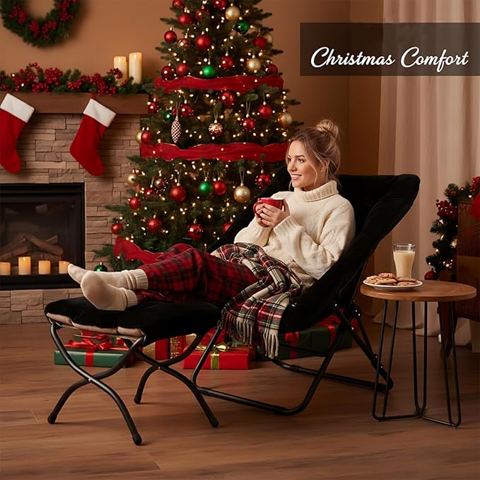 Givjoy Comfy Folded Chair with Ottoman, Oversized Folding Faux Fur Chair Soft Furry Lounge Lazy Chair with Metal Frame Moon Chair Accent Chair for Bedroom, Living Room, Dorm Rooms