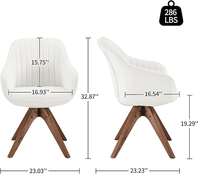 Art Leon Dining Chair, Mid Century Modern Fabric Upholstered Swivel Dining Room Chair with Wood Legs, Leisure Side Chair with Arms for Living Room, Ivory