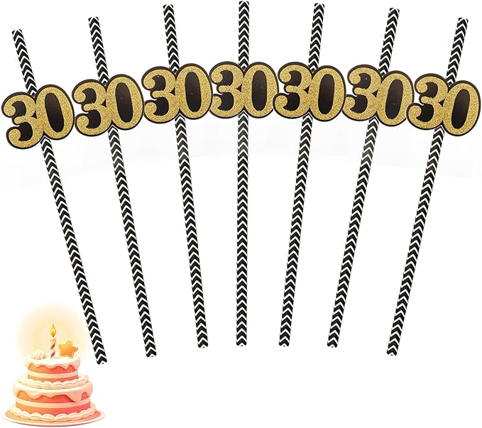 NIEITRK 24PCS Black Gold 30st Birthday Card Straws, Biodegradable Paper Straws with Number 30 for Bar Drinks, Milestone Ce...