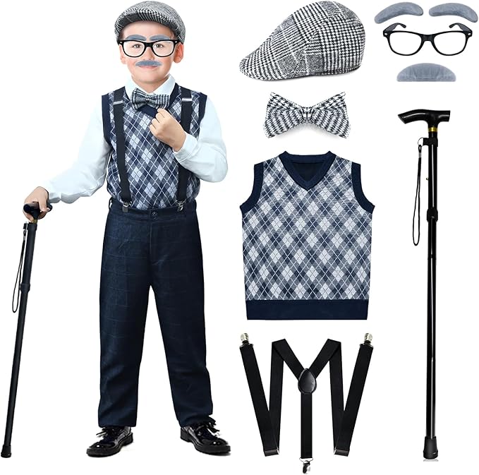Nabobs 100 Days of School Costume for Boys – Old Man Costume with Grandpa Hat, Beard, and Vest for Kids School Cosplay