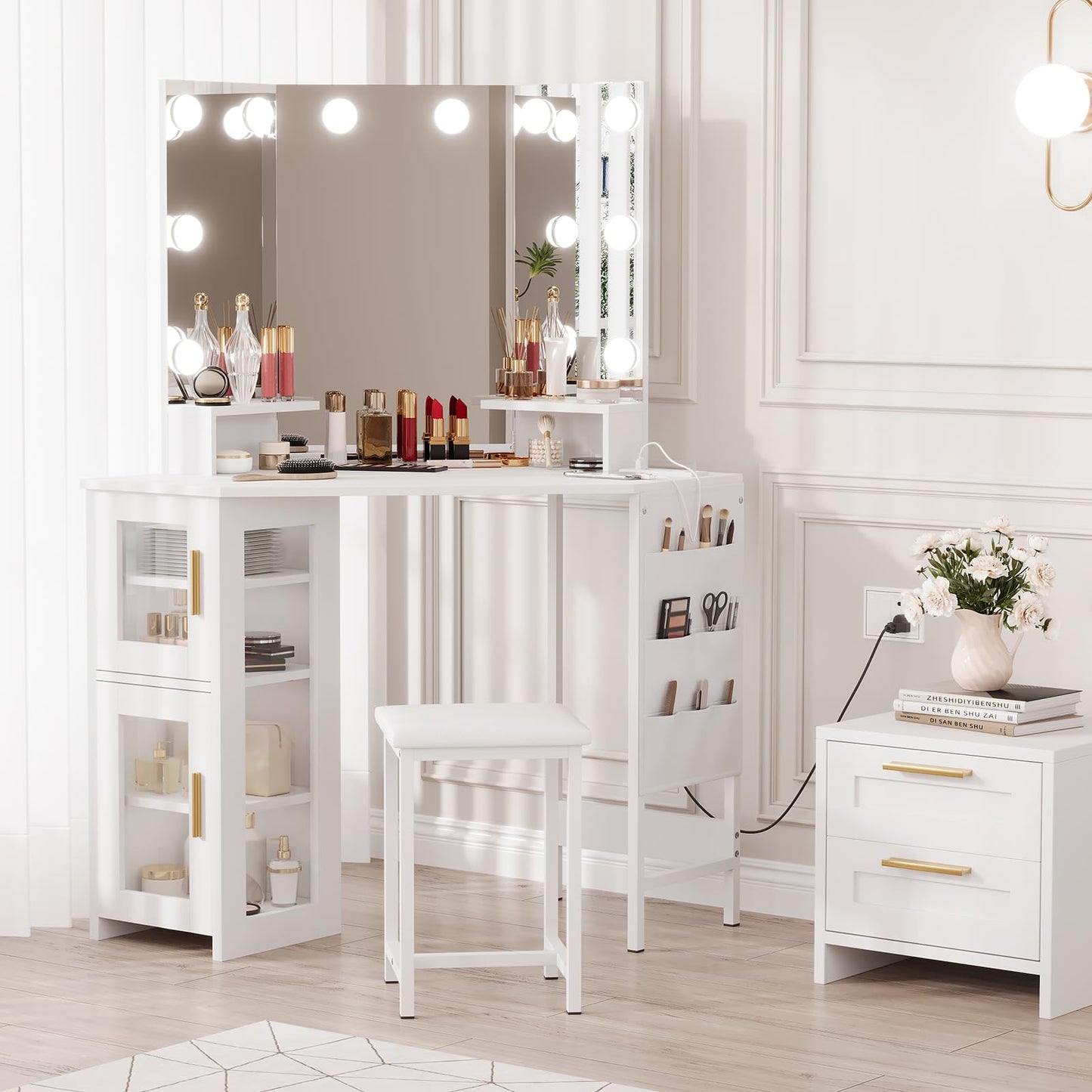 Corner Vanity Desk with Mirror and Lights, Makeup Vanity Table with Charging Station & Storage Cabinet & 3-Fold Mirror（3 Light Settings）, Dressing Table for Bedroom, White