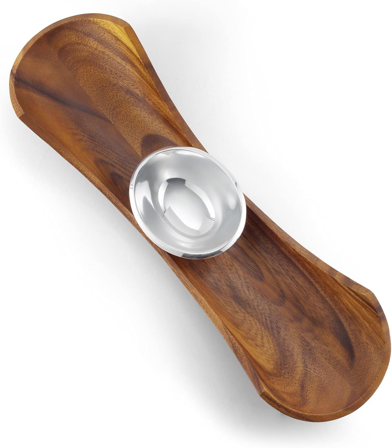Nambé Canu Chip & Dip – Acacia Wood Base with Removable Alloy Bowl for Heating or Chilling, Entertaining Serving Tray for Chips, Snacks, Appetizers, or Hors d’Oeuvres, Stylish Table Accent