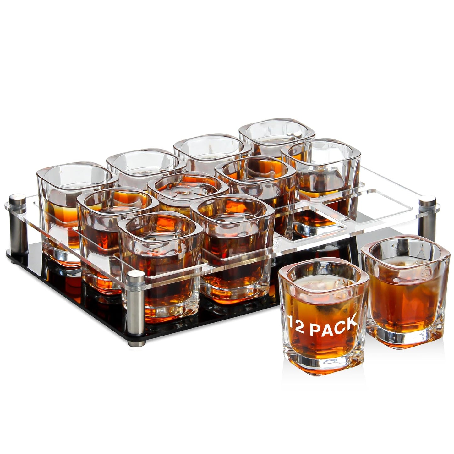Ruckae 12 Pack 2 OZ Shot Glasses Set with Pallets Heavy Base Clear Square Shot Glasses Bulk for Vodka Tequila Whiskey Liquor