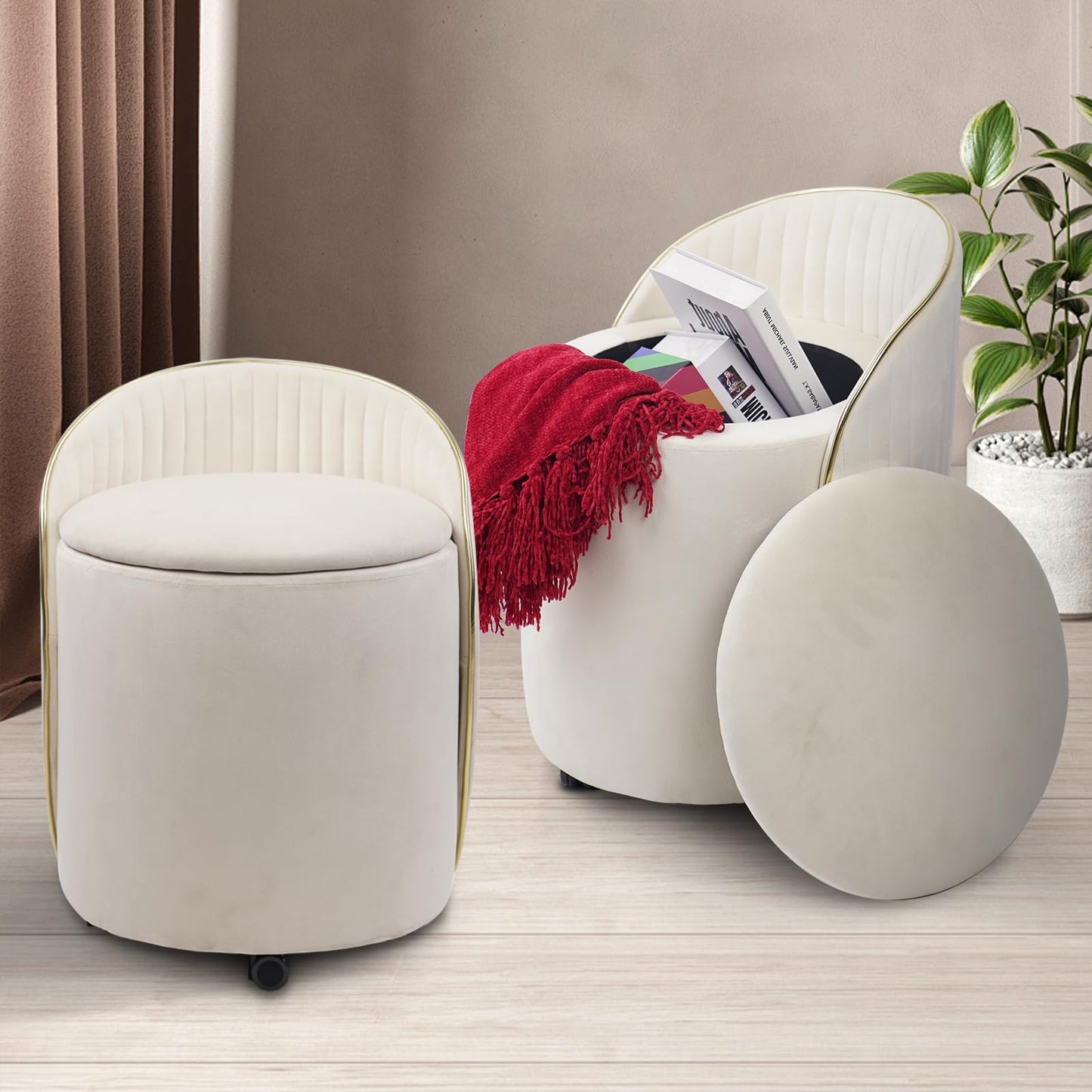 KLASIKA Round Storage Ottoman, Upholstered Velvet Vanity Stool with Lumbar Support, Swivel Rolling Wheels, Small Foot Stools Coffee Table Padded Seat for Makeup Room, Living Room, Bedroom Beige
