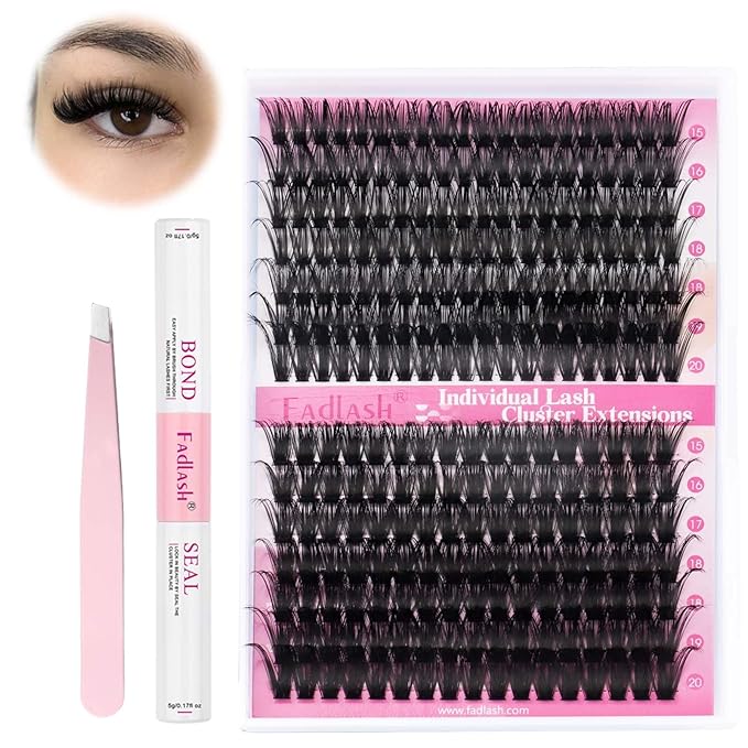 FADLASH Lash Extension Kit 60D+80D Lash Clusters D Curl Lash Cluster Kit DIY Eyelash Extension Kit with Lash Bond and Seal Lash Applicator Tool fluffy Cluster Lashes(60+80D Kit, Mix 15-20mm)