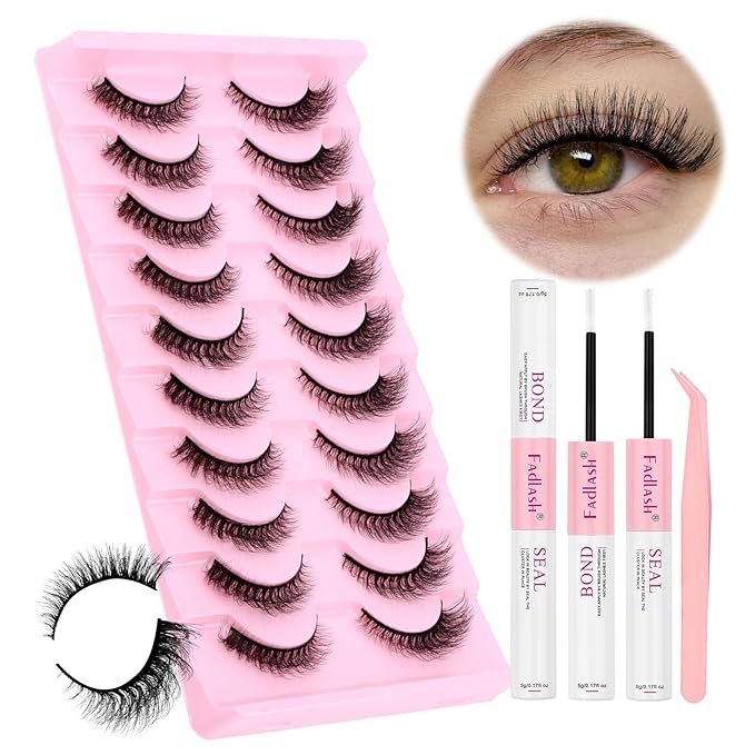 FADLASH False Eyelashes Kit 10 Pairs Cat Eye Lashes Mink Lashes Wispy with Lash Bond and Seal and Tweezer Fake Eyelashes Natural Look Handmade Eyelashes Fake Lashes Strips (XH03 Kit)
