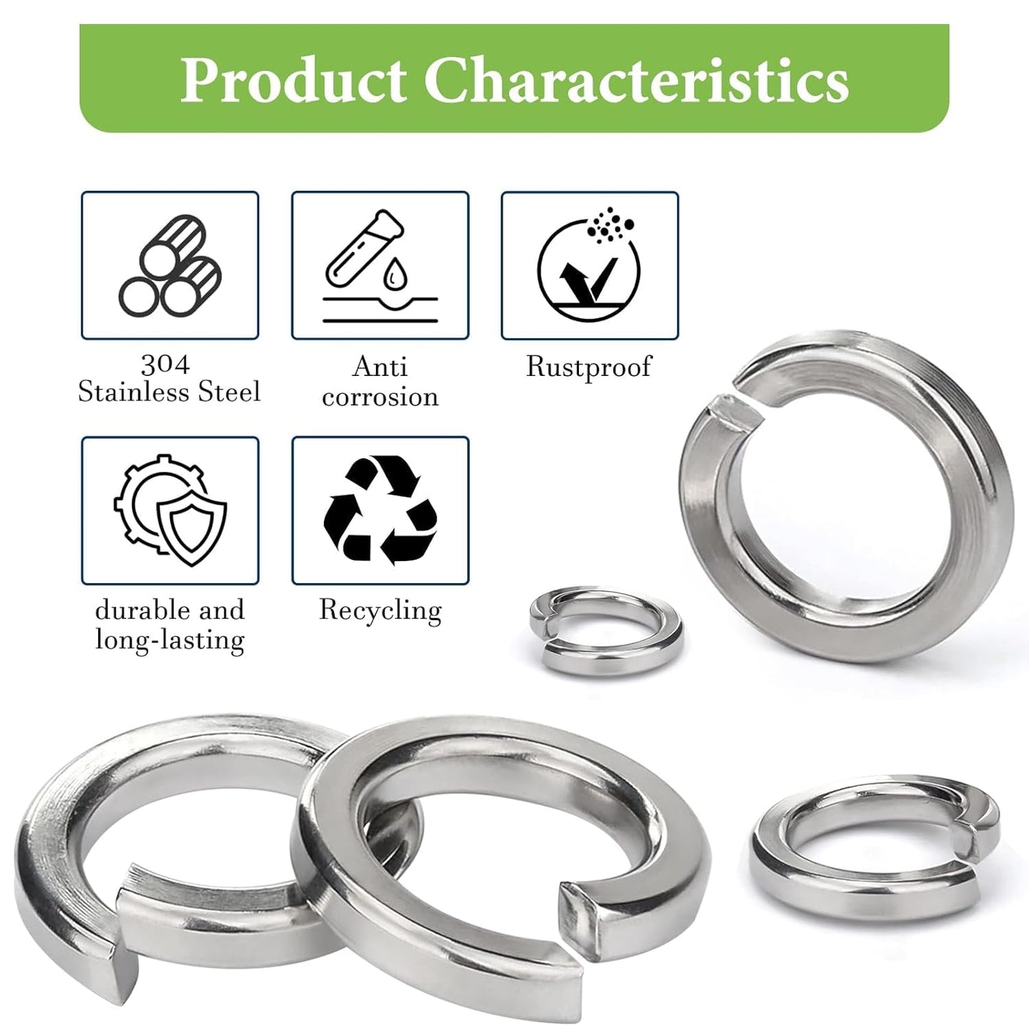 Vifmy Spring Lock Washers Assortment Kit(1000 Pack), M2 M2.5 M3 M4 M5 M6 M8 M10 M12 Metric Split Lock Washer Set,304 Stainless Steel Lock Washers for Screws Bolts