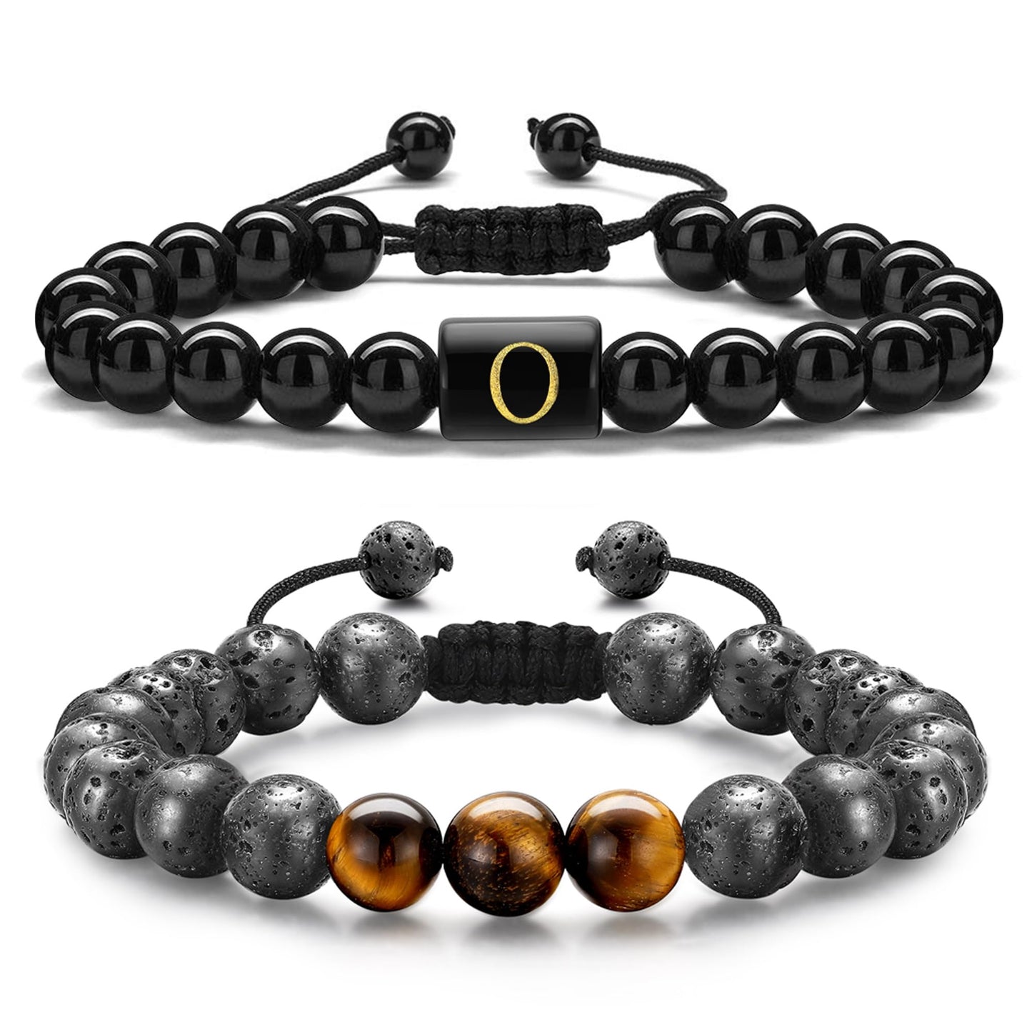 Mens Bracelet Jewelry Gifts, 8mm Natural Tiger Eye Black Lava Rock Stone Mens Anxiety Initial Bracelets Adjustable Aromatherapy