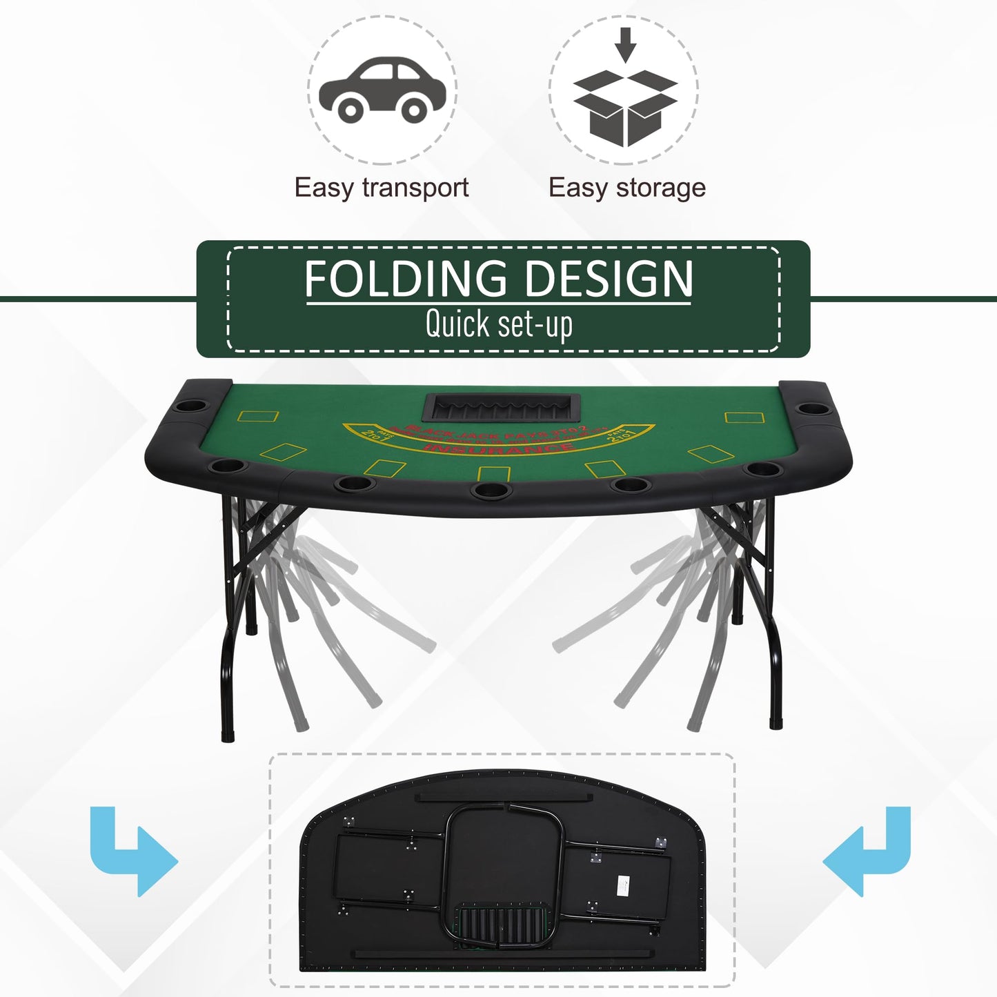 Soozier Poker Table Foldable, 72" Blackjack Table for 7 Players with Chip & Cup Holder, Green Felt