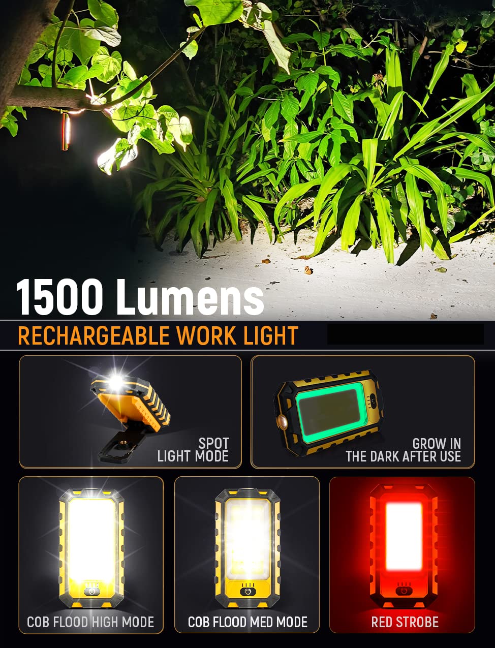 innofox LED Rechargeable Magnetic Work Light 1500Lumens, Hanging Hook 4 Lighting Modes, Job Site Lighting for Car Repairing, Camping, Hunting, and Hurricane(Orange)