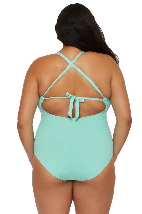 BECCA ETC. Color Code - Women's Plus Size One Piece Swimsuit, Plunge Neck, Bathing Suits for Women, New Cyan, 2X