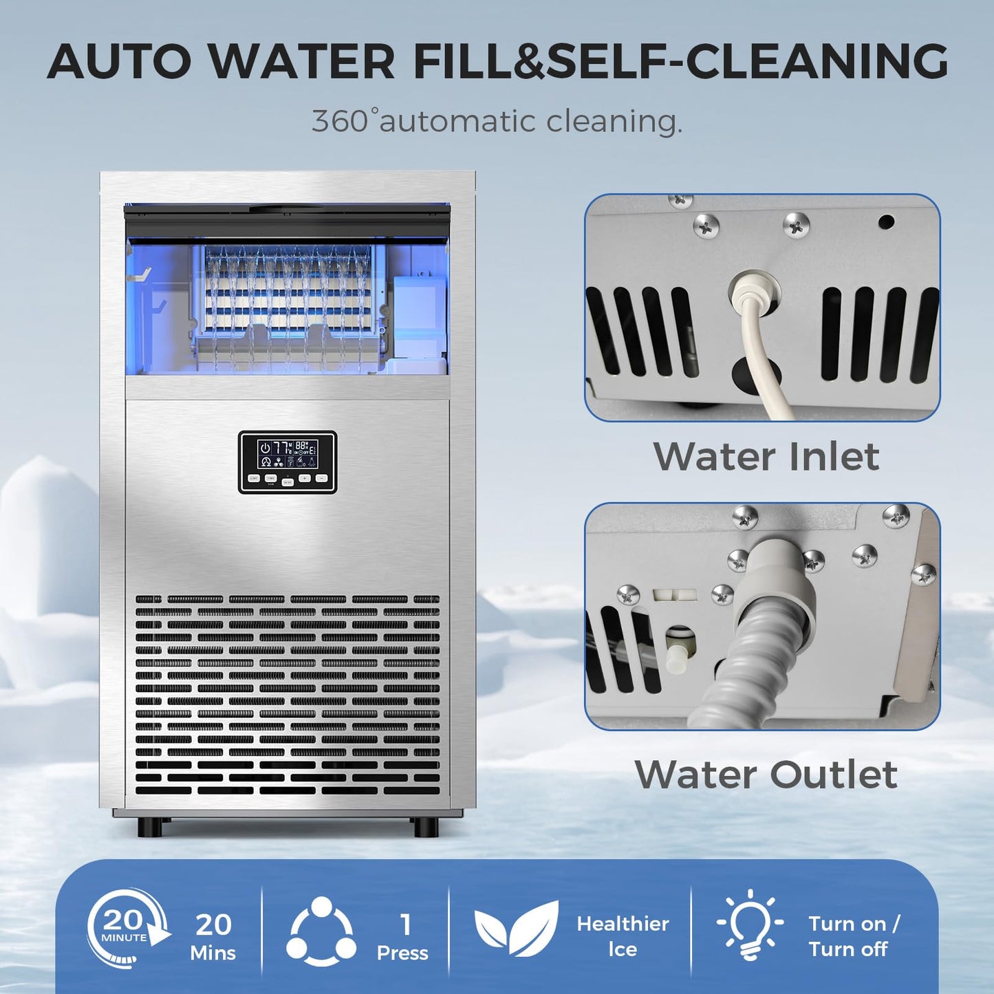 Electactic Commercial Ice Maker Machine,100lbs/24H Stainless Steel Ice Machine,29lbs Storage, Auto Self-Cleaning Freestanding Ice Maker, Ice Machine Freestanding for Bar/Cafe/Restaurant-Silver