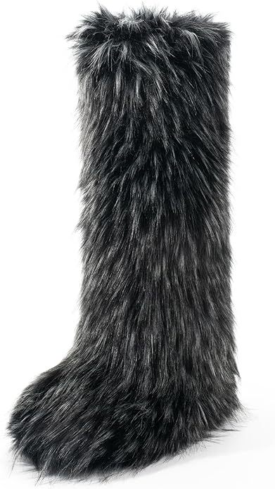 IXU Women's Faux Fur Boot Furry Fluffy Round Toe Suede Winter Comfy Plush Warm Short Outdoor Indoor Flat Shoes Knee-High B...