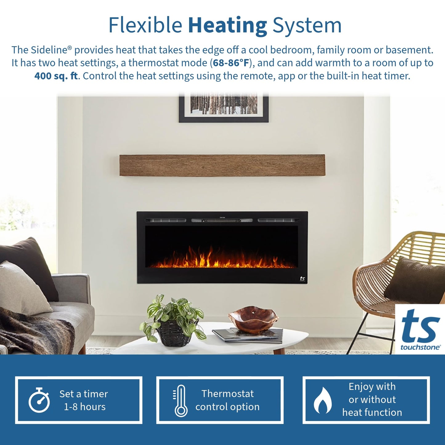 Touchstone Smart Electric Fireplace-The Sideline 60" Wide-in Wall Recessed - 30 Realistic Ember Color/Flame Options - 1,500W Heater w/Thermostat - Log & Crystal Hearth Options - Alexa/WiFi Enabled