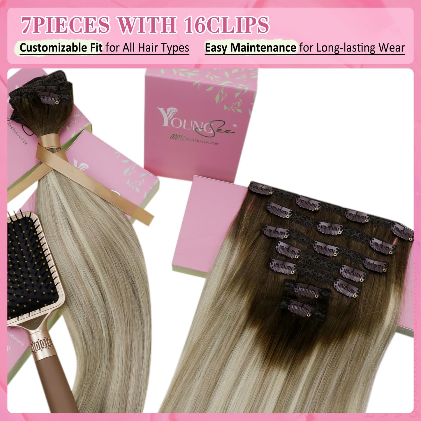 YoungSee 135G Clip in Human Hair Extension Ombre Clip in Real Hair Extension Dark Brown Ombre Golden Blonde Mix Platinum Blonde