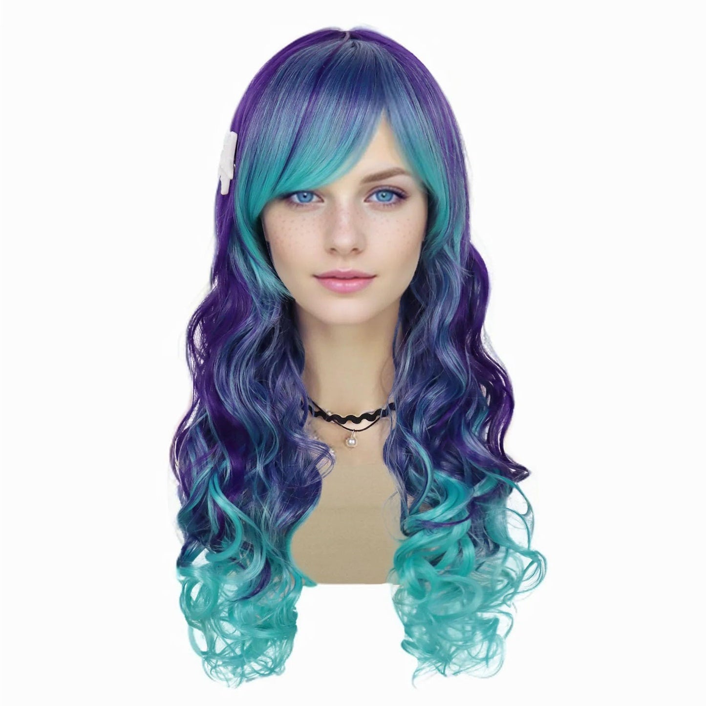 GNIMEGIL Long Wavy Costume Wig Cosplay Mermaid Wigs for Women Halloween Party Purple Mixed Turquoise Curly Wave Colorful in Heat