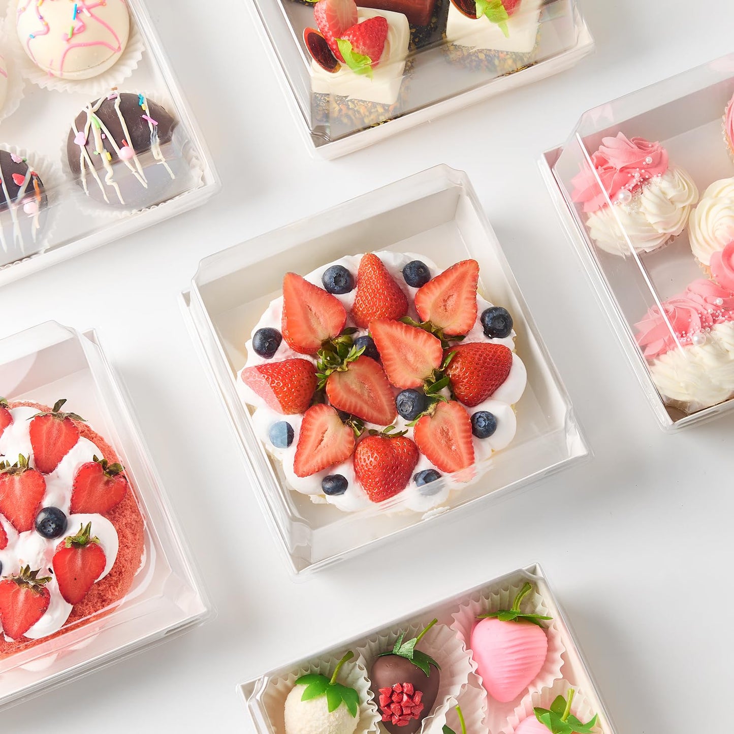 Kucoele 7 x 7 x 4 Inches White Paper Cake Boxes with Clear Lids, 20 Pack Square Charcuterie Boxes Disposable To Go Food Containers for 4-6 Inch Cake, Jumbo Cupcakes, Bakeries