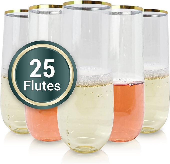 Reli. Champagne Flutes Plastic | 25 Pack | 9 oz - Gold Rim Clear | Stemless Premium Plastic Champagne Flutes | Party-Perfe...