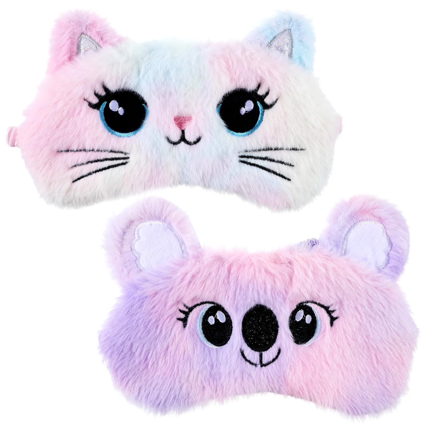 Kids Sleep Mask, 2 Pcs Cute Plush Cat Sleeping Mask for Women Soft Colorful Girls Sleep Masks Comfortable Funny Animal Sleeping Eye Cover for Women Home Travel Gift (Cat, Koala)