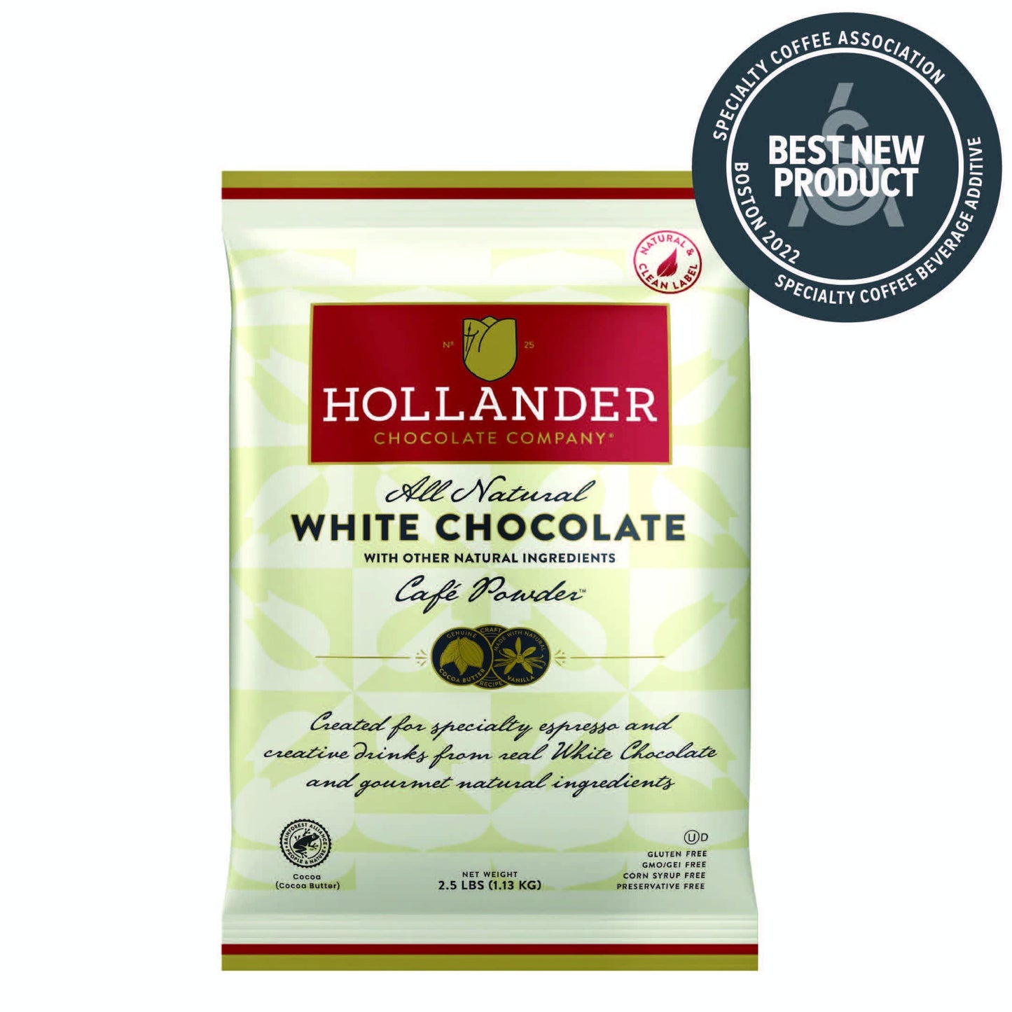Hollander All Natural White Chocolate Powder | 2.5lb Bag | Sweet & Creamy Real White Chocolate |Beverage, Specialty Coffee Drinks, Baking & Desserts | Clean Label & Gourmet Ingredients | GMO Free, Rainforest Alliance Certified, Clean Label