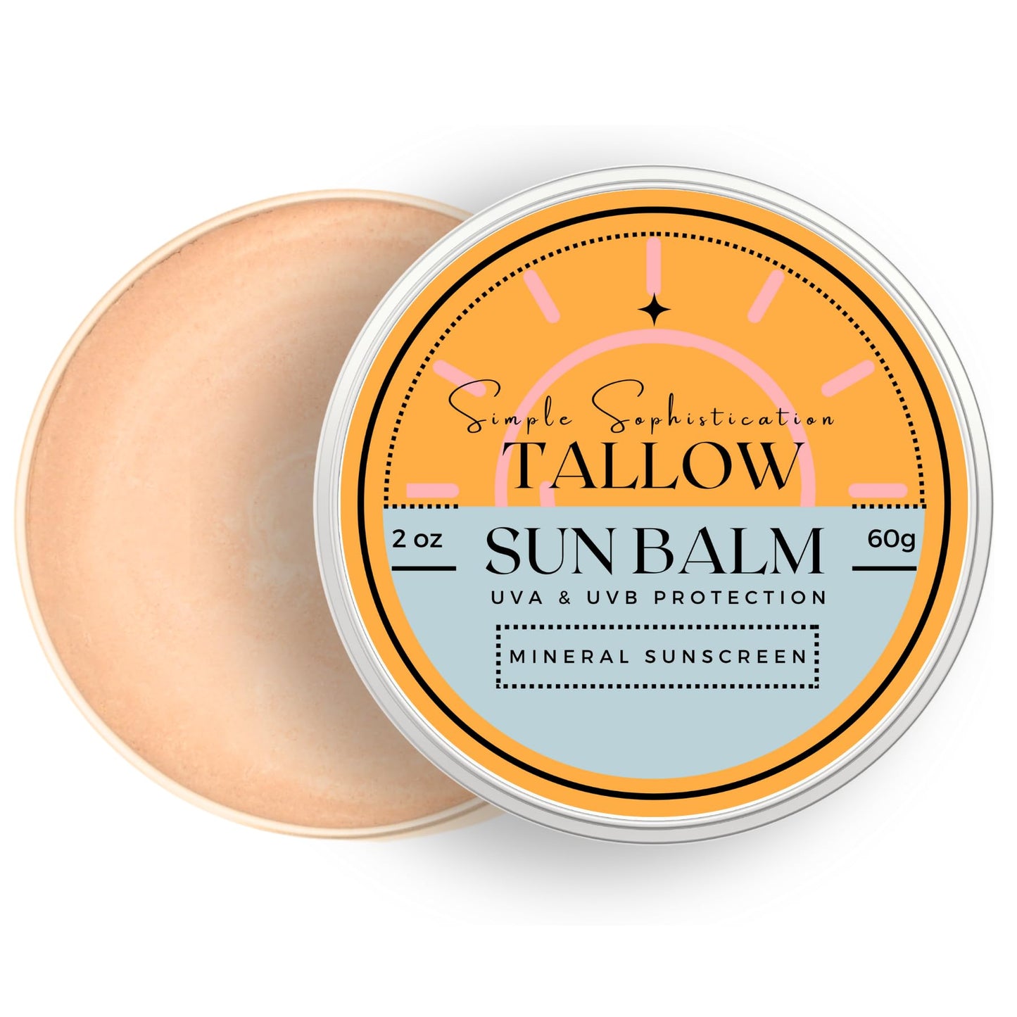 Tallow Sun Balm, tinted - with grassfed tallow, castor oil, zinc oxide | Mineral Sunscreen | Natural, Clean, Organic | Reef Safe