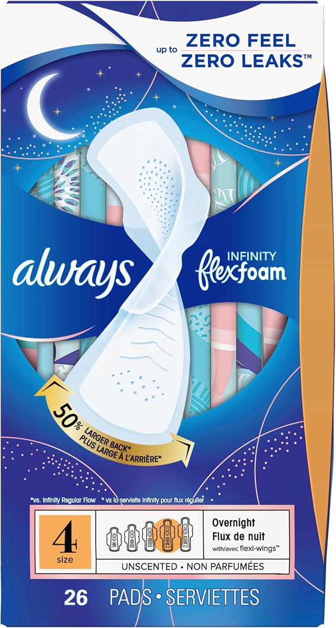 Always Infinity Feminine Pads for Women, Flexfoam Pads with Wings, Size 4, Overnight Absorbency, Unscented, 78 Count (3 Packs of 26)