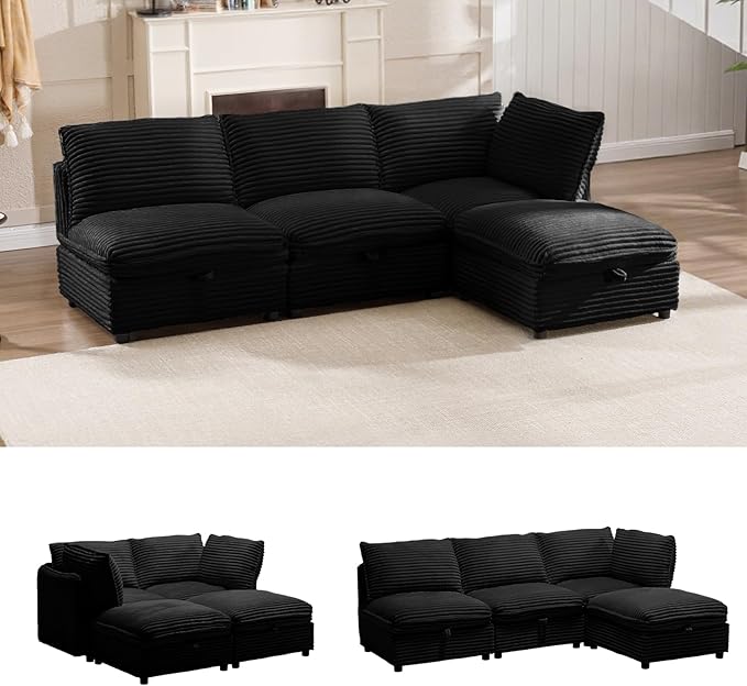 FIRLZY 92" Modular Sectional 4 Seater Sofa with Removable Covers and Storage, Convertible L-Shaped and Sleeper Sectional, Modern Corduroy Couches with Ottoman Chaise for Living Room, Apartment, Black