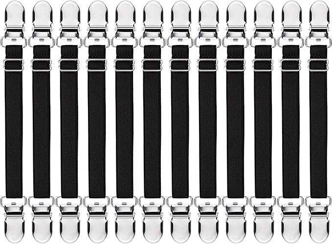 Boao 12 Pcs Bed Sheet Clips Straps Sheet Corner Straps Holder Adjustable Mattress Clips, Elastic Bed Grippers Suspender Fasteners Holder for Home(Black,4-8 Inch Length)